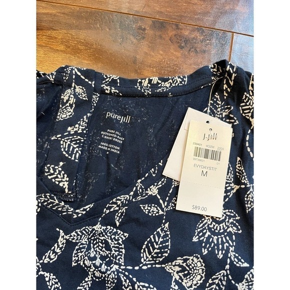 Pure Jill Dress M Navy Floral Print Buttoned Back T Shirt Short Sleeve V Neck - Picture 8 of 8